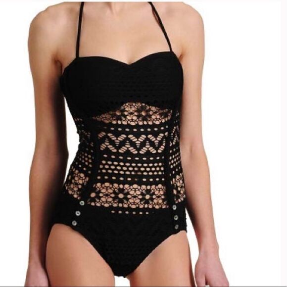 Crochet One Piece Black Swimsuit - Picture 1 of 7
